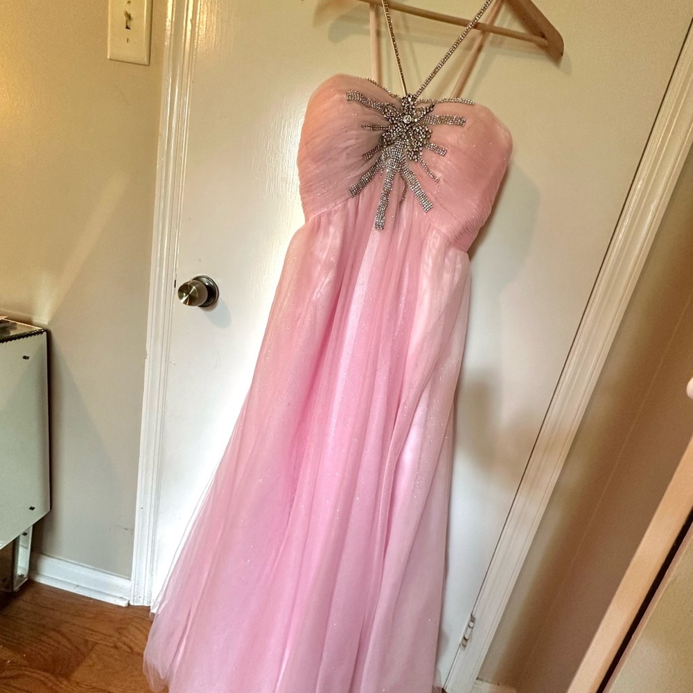 Blush Prom brand pink tulle with rhinestone detailing prom dress